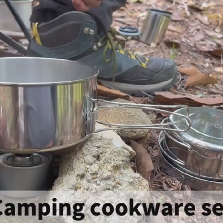 8-delt Rustfrit Stål Camping Køkkensæt – Gryder, pander, tallerkener & kopper